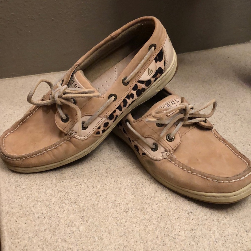 Lightly worn Sperry Top Siders with leopard print